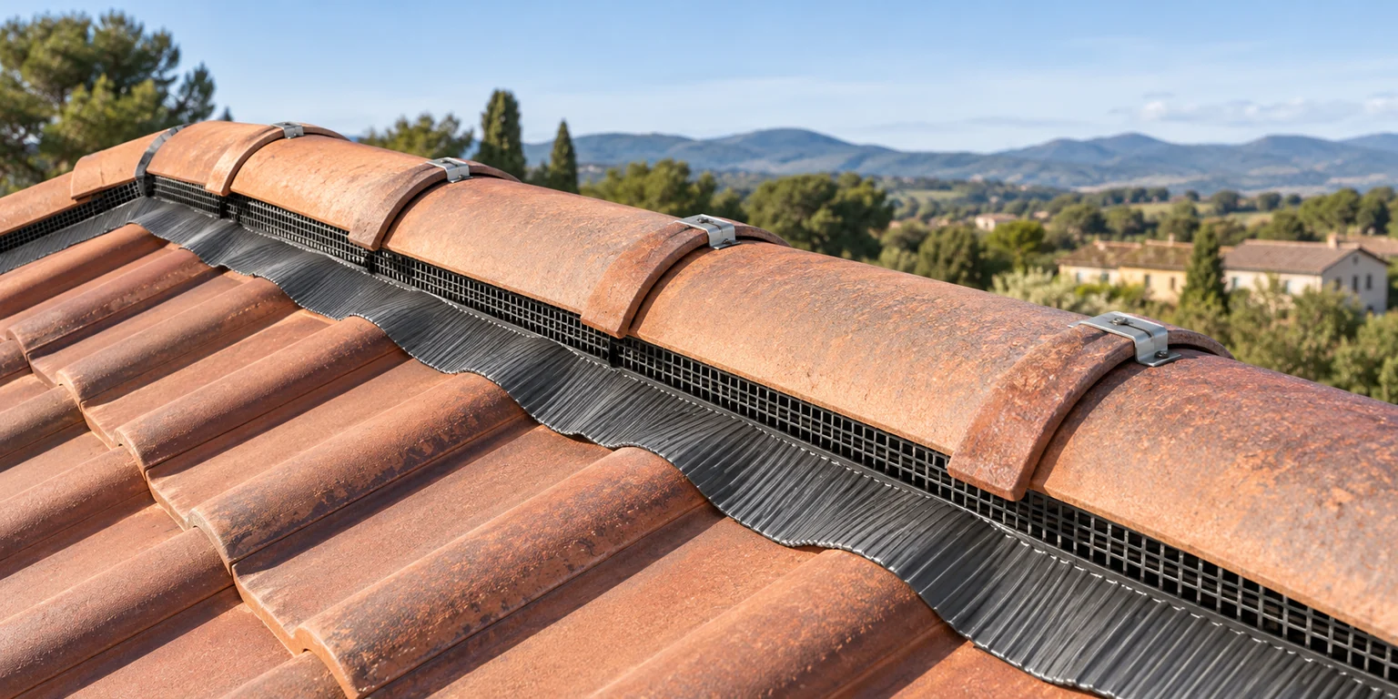 Illustration générée : faîtage en tuiles et bande de ventilation.