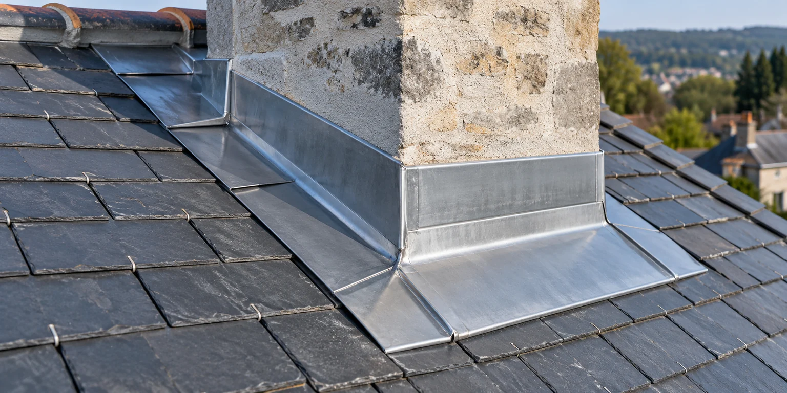 Illustration générée : raccord en zinc autour d’une cheminée sur une toiture en ardoise.