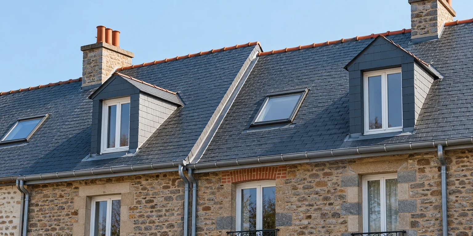 Illustration générée : maisons mitoyennes à couverture en ardoise.