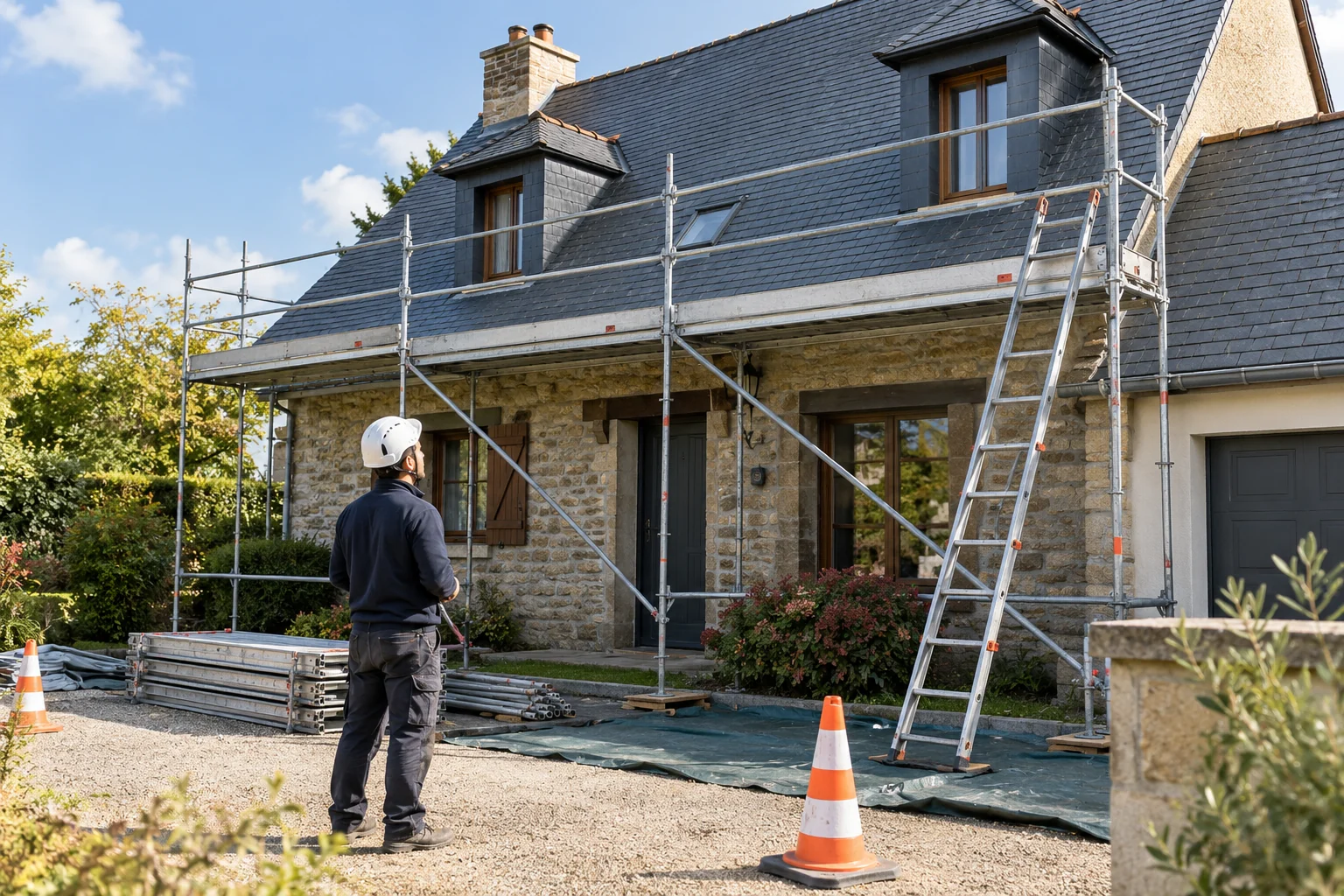Illustration générée : échafaudage et accès devant une maison, personne au sol.
