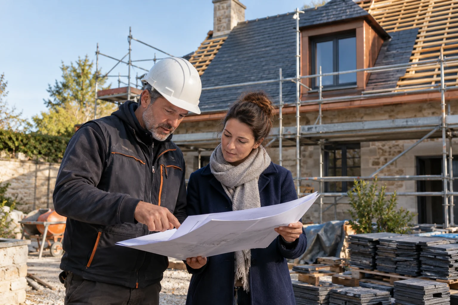 Illustration générée : deux personnes examinent un plan au sol devant une toiture en travaux.