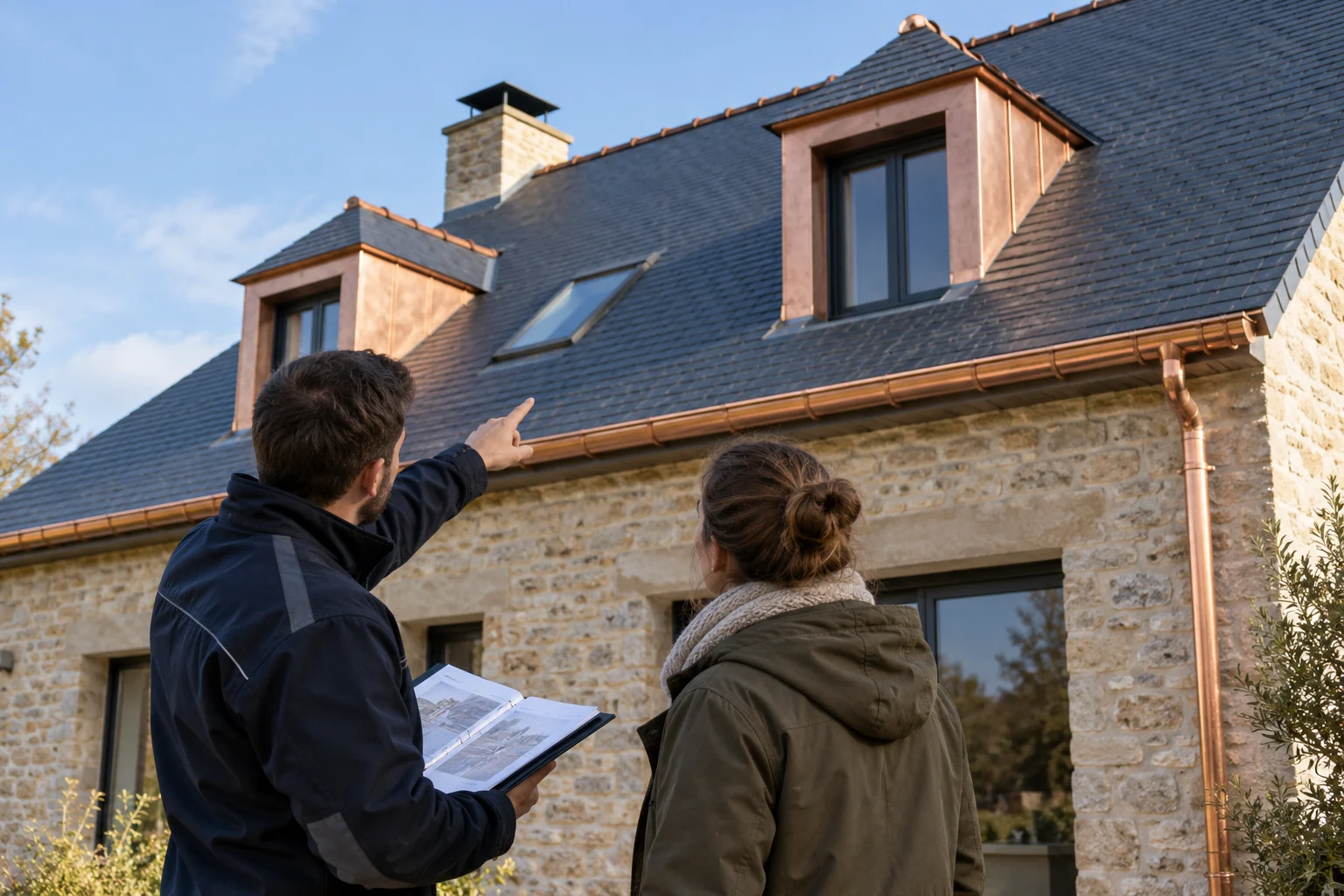 Illustration générée : deux personnes observent depuis le sol une toiture en ardoise.