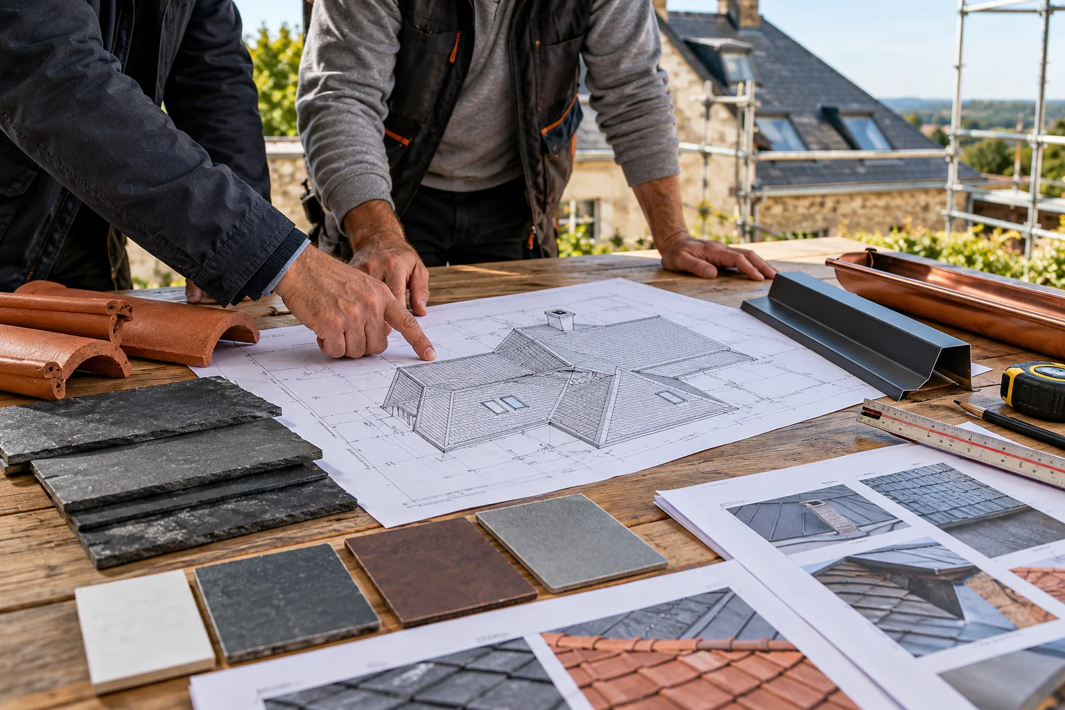Illustration générée : mains sur des plans, documents et échantillons de couverture.