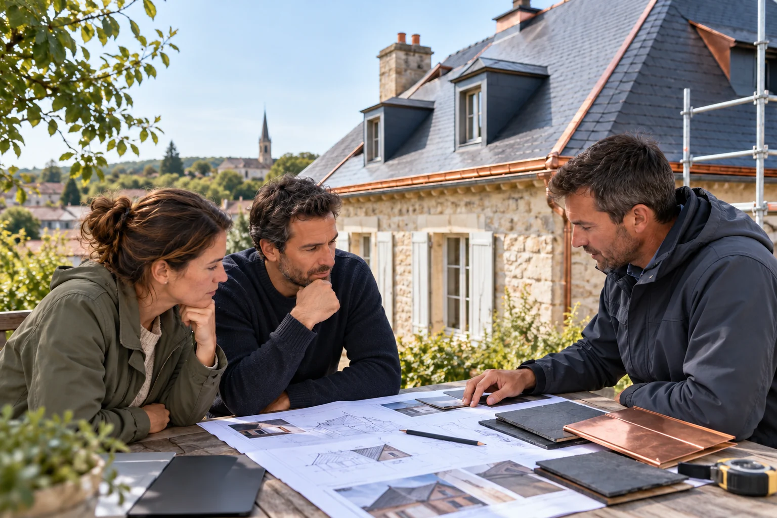 Illustration générée : trois personnes examinent des documents de toiture à une table extérieure.