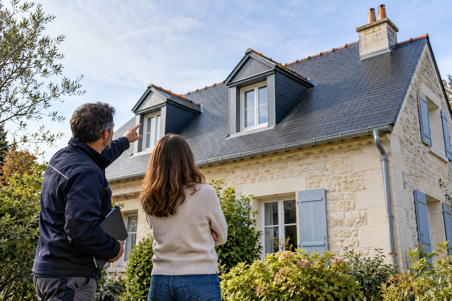 Illustration générée : deux personnes observent depuis le sol une maison à toiture en ardoise.