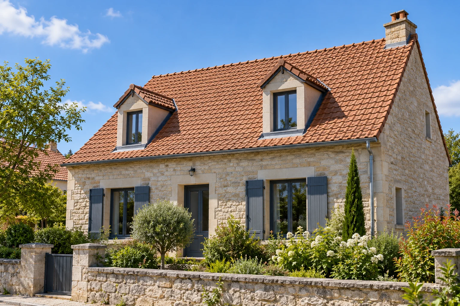 Illustration générée de maison française avec une couverture en tuiles.