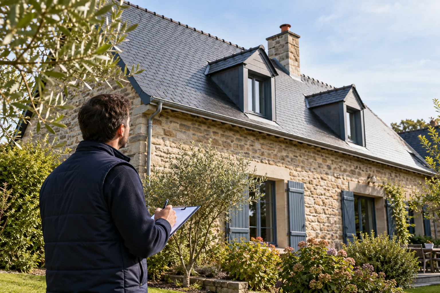 Illustration générée : observation d’une toiture en ardoise depuis le jardin.