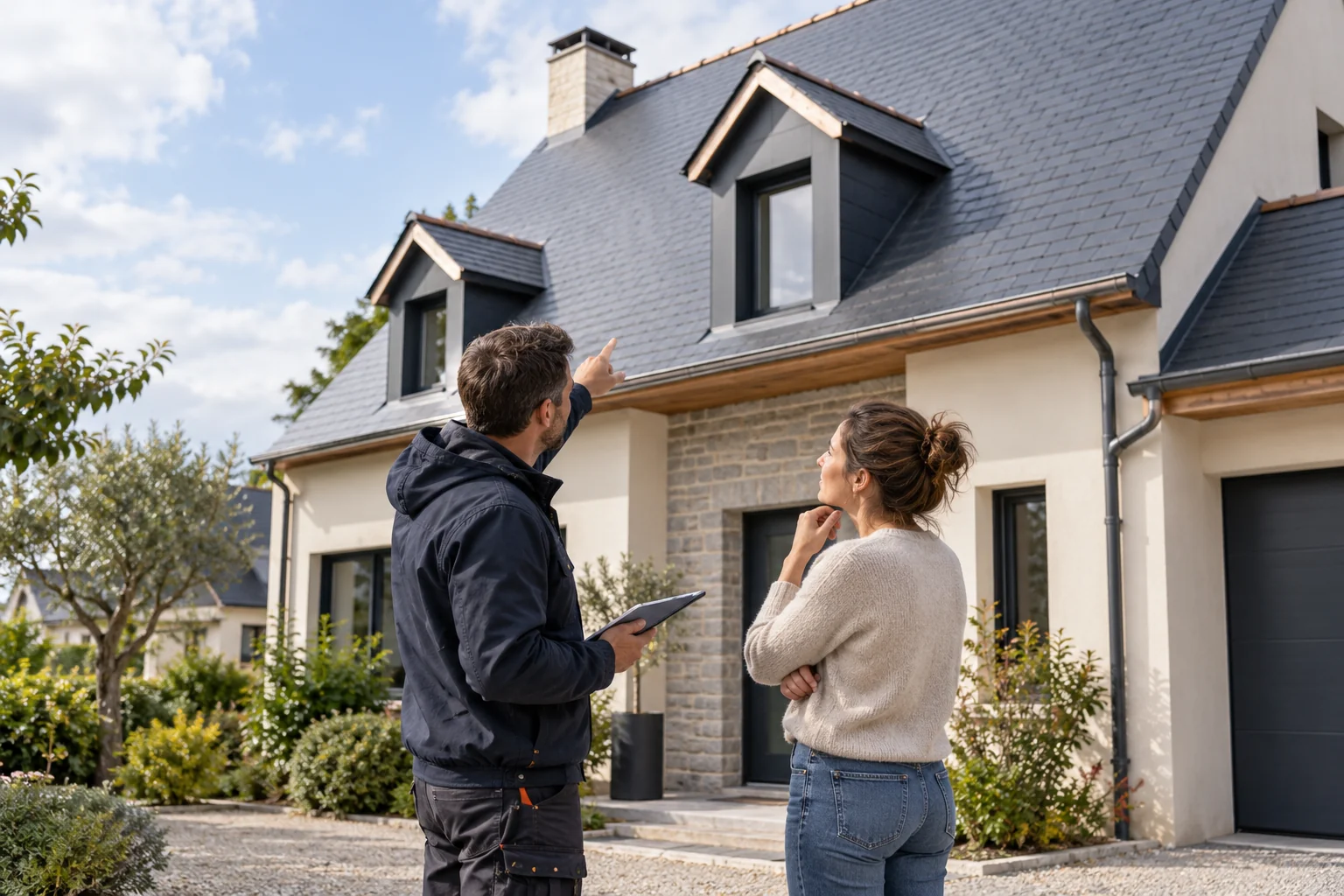 Illustration générée : échange au sol devant une maison à toiture en ardoise.