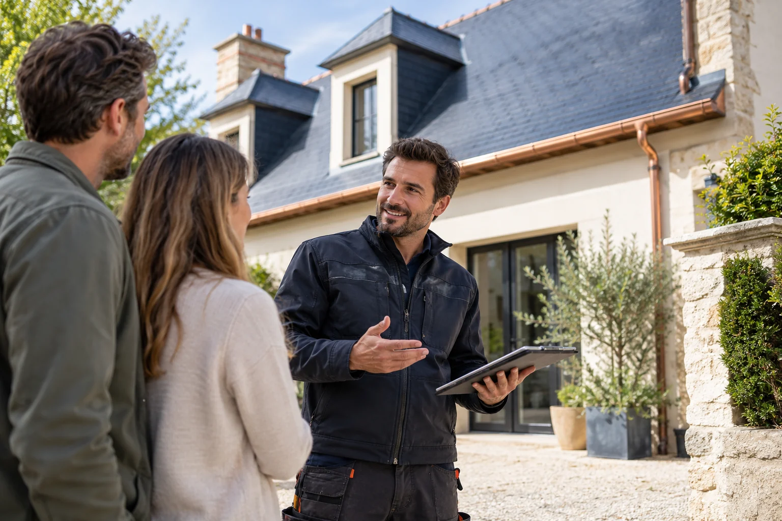 Illustration générée : un professionnel échange au sol avec deux personnes devant une maison à toiture en ardoise