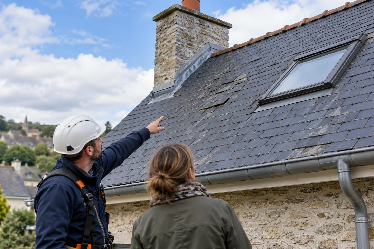Illustration générée : observation au sol d’une couverture en ardoise et de ses raccords.