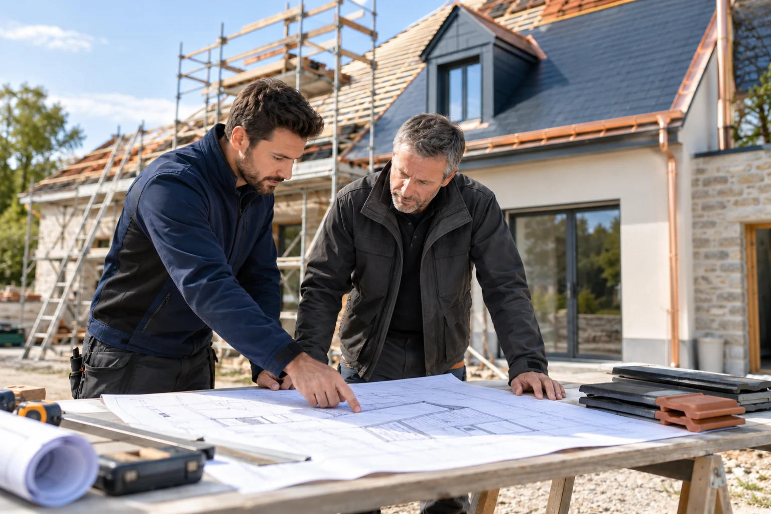 Illustration générée de deux professionnels au sol préparant un chantier de toiture